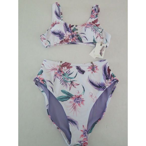 Jessica Simpson Size Small White Multi Floral Button 2-Piece Swimsuit $109 - Picture 1 of 10